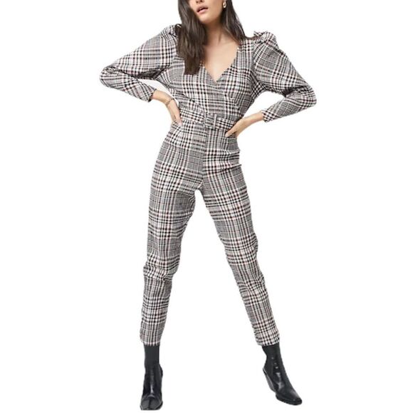 ASOS DESIGN Belted Extreme Sleeve Checkered Print Jumpsuit Size 12 NWOT - Picture 2 of 12